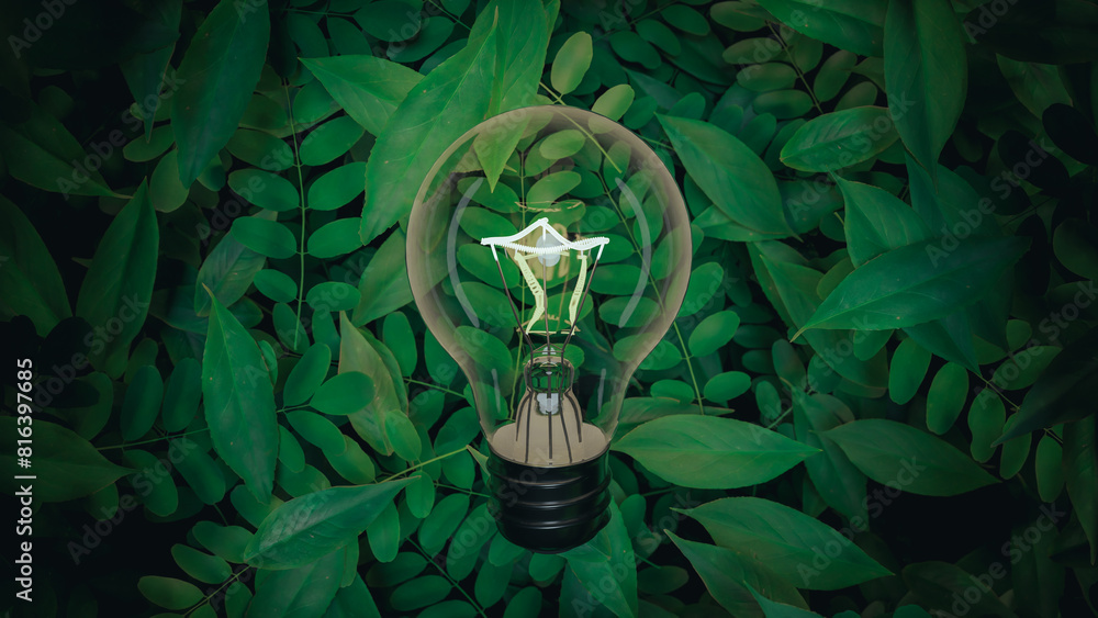 Poster concept background about energy saving with light bulbs and leaves. 3d rendering.