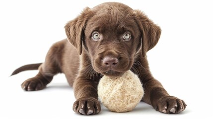Fototapeta premium A playful Chesapeake Bay Retriever puppy tumbling over a soft ball, isolated on a white background