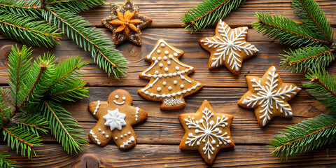 Christmas gingerbread cookies with icing and fir-tree branch on old wooden background