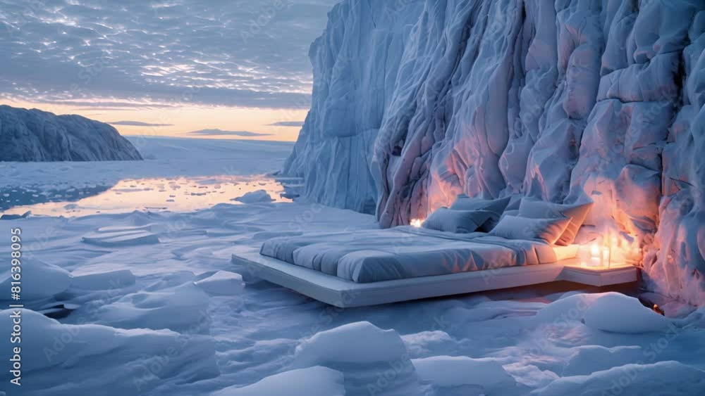 Poster as the sun sets over the glacial horizon the bed transforms into a warm and inviting haven illuminat