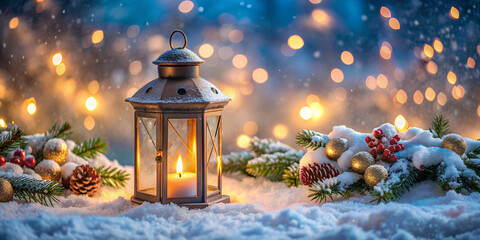 Christmas Lantern With Decoration On Snow Table