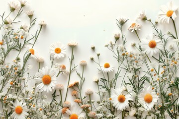 A field of white and orange flowers against a white background