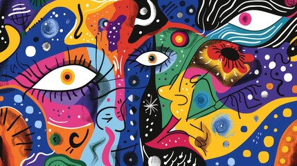 Fototapeta premium Childlike doodle with cosmic elements pattern and textural splashes portrayed through hand drawn artistic style with contemporary flair