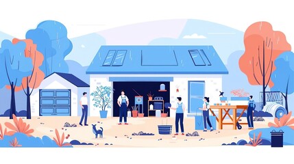 A group of people are working together to build a house