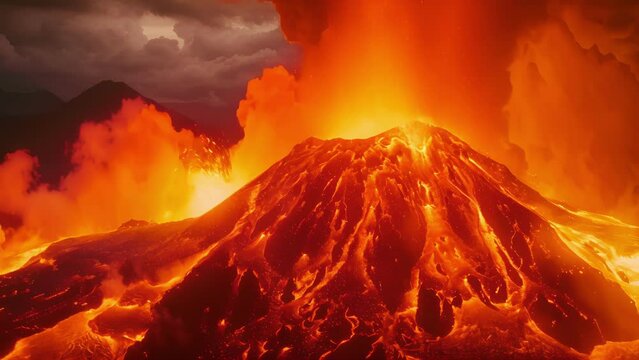 A gigantic mountain spewing massive amounts of fire and lava.
