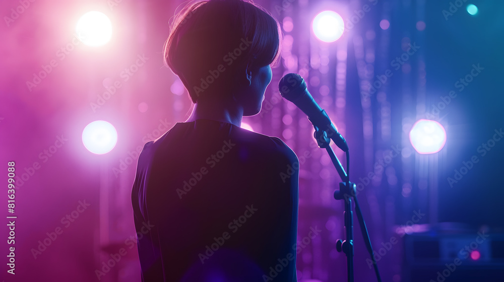 Poster unrecognizable singer standing on stage at microphone back view neon lights : generative ai