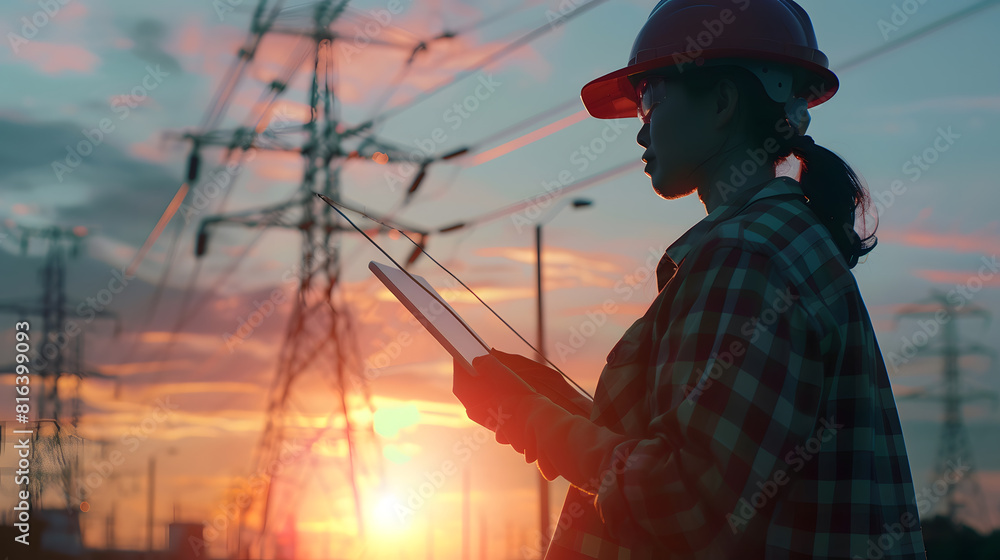 Poster woman engineer power engineer in helmet checks power line using computer tablet online electrician i