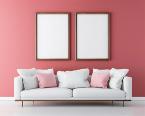 Mock Up two Poster Frames on the dark pink wall in minimalist interior living room with couch, luxury interior, 3d interior illustration.