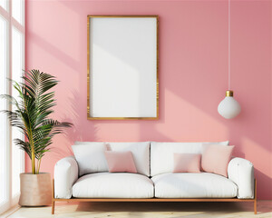 Mock Up Poster Frame on the pink wall in minimalist interior living room with couch, luxury interior, 3d interior illustration. Morning light
