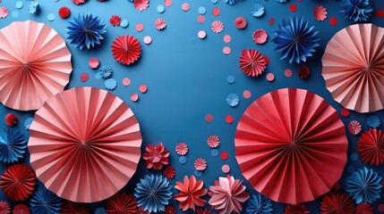 confetti and paper fans in red, white and blue colors on the wall, festive background for an American holiday, a beautiful backdrop with an intricate pattern of round shapes.