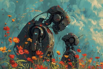 Two robots stand in a field of flowers. The robots are looking at each other. The background is a blue sky with white clouds.