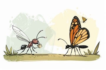 Cartoon cute doodles of a tiny ant carrying a heavy load next to a carefree butterfly fluttering by, demonstrating the contrast in tasks, Generative AI