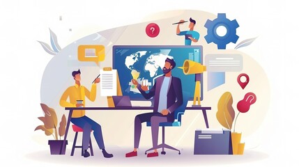 Two businessmen in suits are sitting at a desk having a meeting