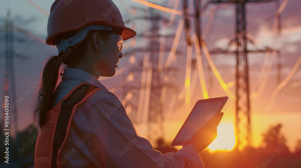 Poster electrician in outdoors electric lines of high voltage at sunset woman engineer power engineer in he