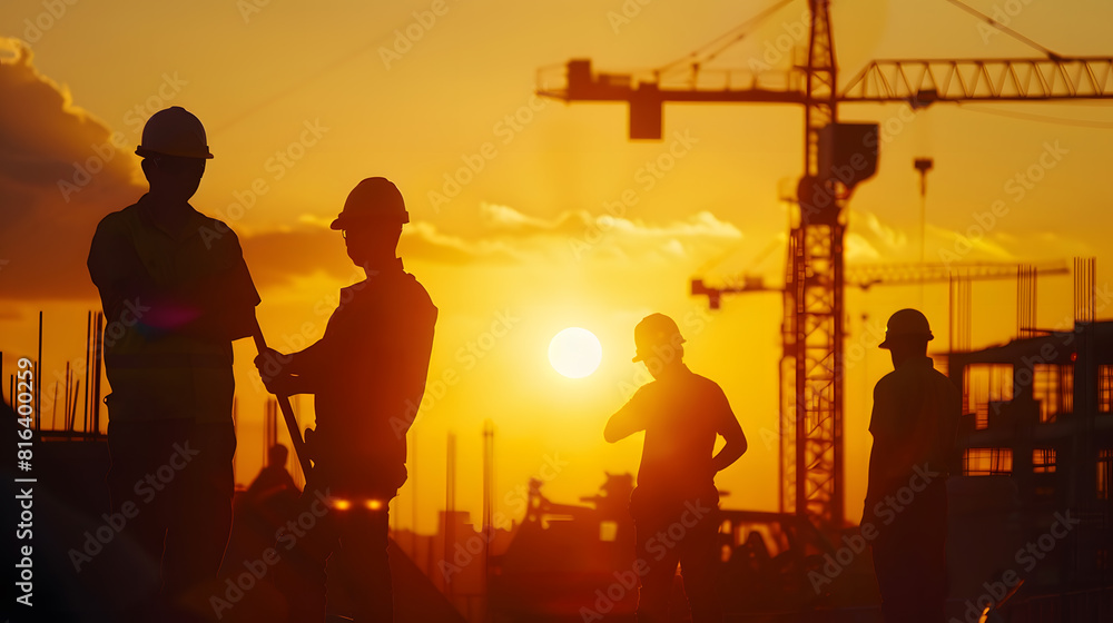 Poster silhouette of engineer and construction team working at site over blurred background sunset pastel f