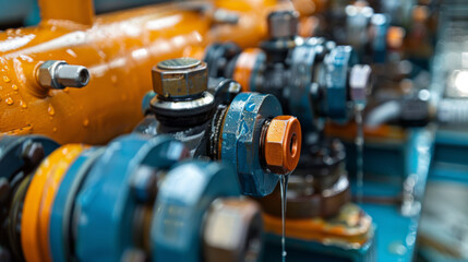 Naklejka premium Close-up view of industrial pumps and blue valves with water droplets, emphasizing machinery detail.