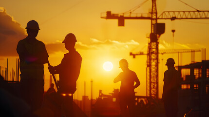 Silhouette of engineer and construction team working at site over blurred background sunset pastel for industry background with Light fair : Generative AI