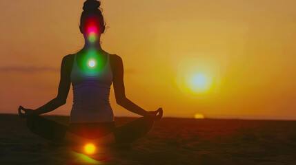 woman in yoga pose on beach sunset view glowing seven all chakra Kundalini energy girl practicing meditation outdoors Silhouette : Generative AI