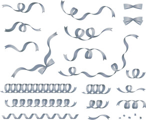 銀色グラデーション、くるくるしたリボンのイラストセット