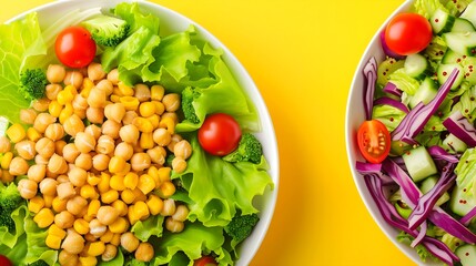fresh vegetable salad with chickpeas, isolated on yellow background