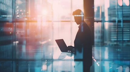 Young businessman silhouette using laptop while standing on creative corporate interior background with panoramic windows and city view Future job success and career concept Double exp : Generative AI