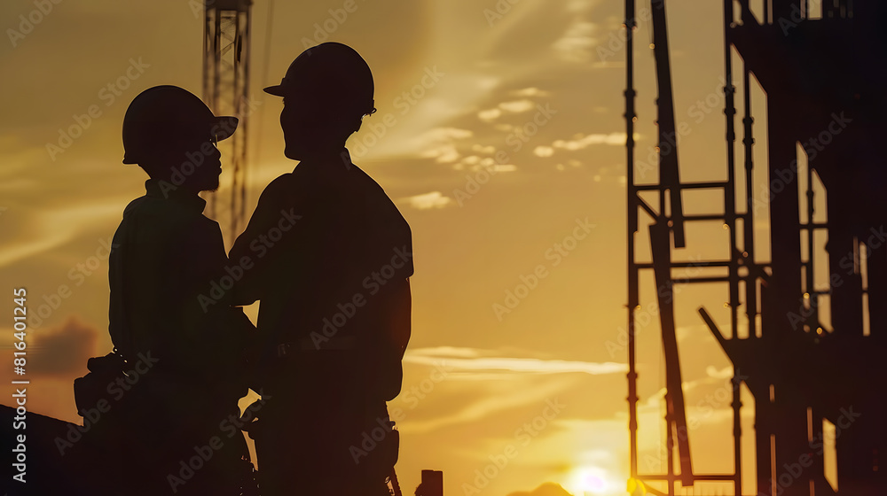 Poster Silhouette of Engineer and worker on building site construction site at sunset in evening time : Generative AI