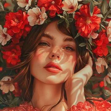 Una mujer blanca muy sonriente con flores rojas y blancas en su cabeza