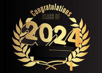 Black and gold class of 2024 Graduation design template. Vintage party invitation, congratulation event, greeting card. Vector high school or college graduate poster with retro art deco elements.