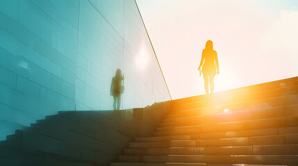 business success achievement and people concept  silhouette of woman standing on stairs over sun light background : Generative AI