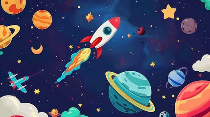 Vibrant kids background featuring rockets, planets, and stars, Ai Generated