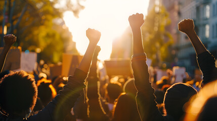 Crowd of protesters people on streetSilhouettes of people raised hands and shoutingConcept of revolution or proteststop hate racism : Generative AI