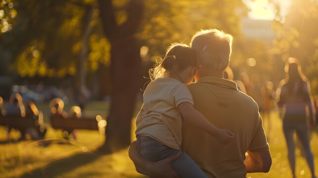 Back view of happy multigenerational people having fun in a public park during sunset time  Community and support concept : Generative AI