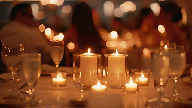 Candlelit tables dd in white cloths are tered around the room inviting guests to sit and socialize in small groups.