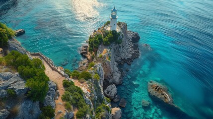 Epic aerial perspective of a lighthouse on a narrow cape, tranquil sea enveloping, perfect for reflective themes