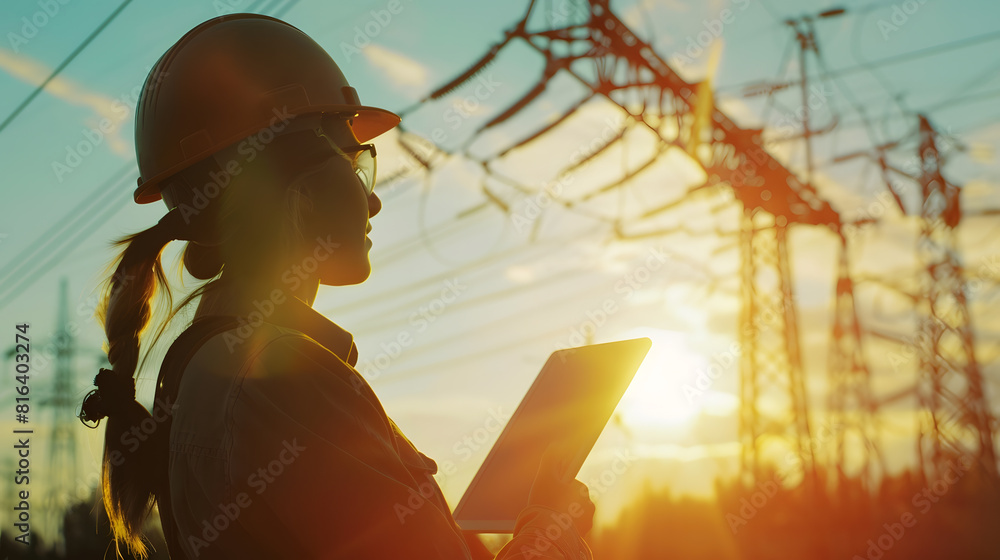 Poster electrician in outdoors electric lines of high voltage at sunset woman engineer power engineer in he