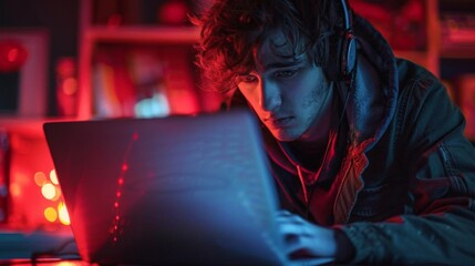A hacker typing on a laptop in a dark room, ominous red warning lights illuminating his face