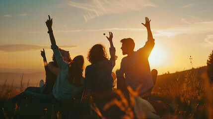 Group of people having fun outdoors sunset : Generative AI