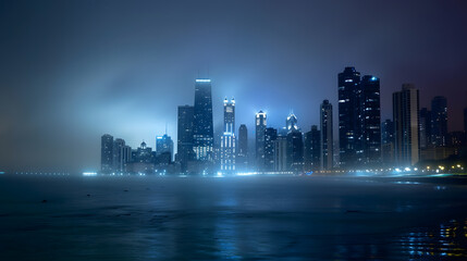 Obraz premium Chicago skyline silhouette in the fog : Generative AI