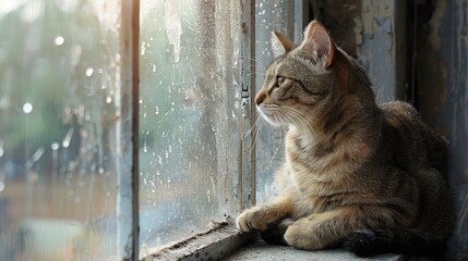 A feline is perched on a windowsill gazing out at an uncertain sight