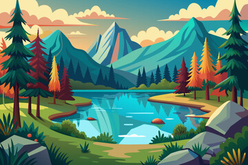 Lake in the Forest landscape vector illustration 