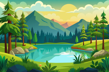 Lake in the Forest landscape vector illustration 