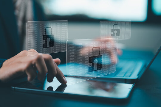 Cyber security, Business, technology, internet network, software development, digital data protection concept. Businessman working on laptop computer in office with pop up antivirus system