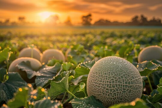 Cantaloupe field after the rain at golden hour sunset. Organic melons at fruit and berry farm