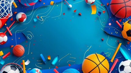 Illustrative kids background with playful sports theme, featuring basketballs and soccer balls, Ai Generated