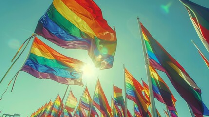 A powerful expression of LGBTQ joy and freedom, A flags waving in celebration.