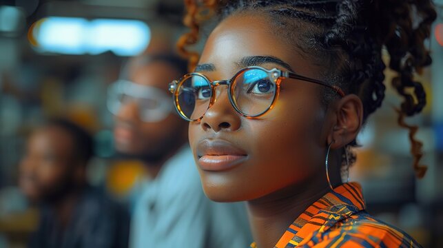 A young woman wearing glasses is looking thoughtfully into the distance