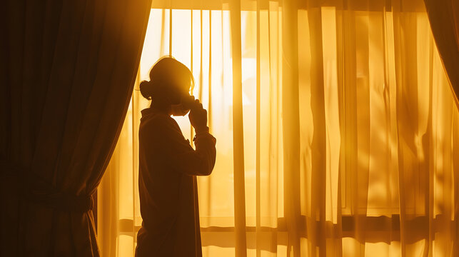 silhouette of a woman wearing mask in her quarantine during corona pandemic making a phone call from behind the window curtain : Generative AI