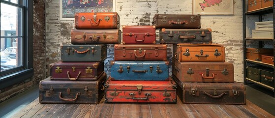 A podium constructed from vintage suitcases, evoking a sense of nostalgia and history