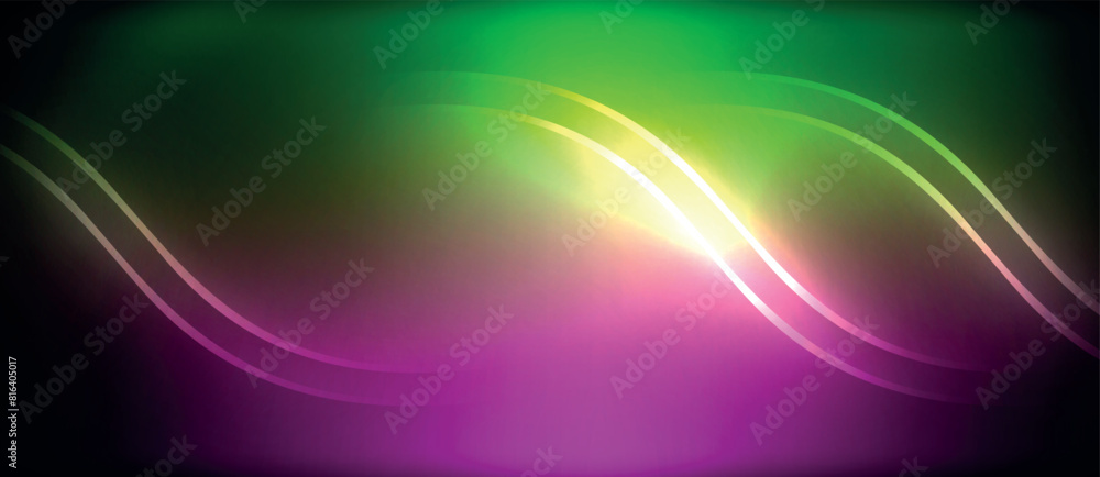 Poster a colorful display of electric blue, purple, and magenta waves on a dark background resembling an as