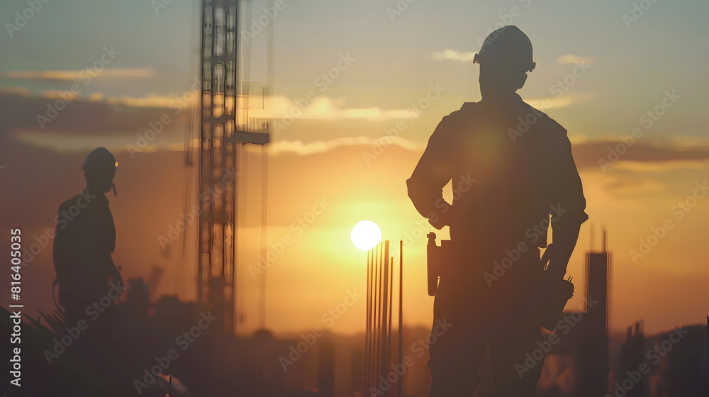 Poster silhouette of engineer and worker on building site construction site at sunset in evening time : gen
